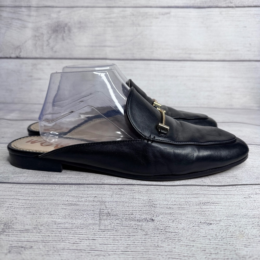 Sam Edelman Black Leather Backless Loafers with Gold Tone Bit